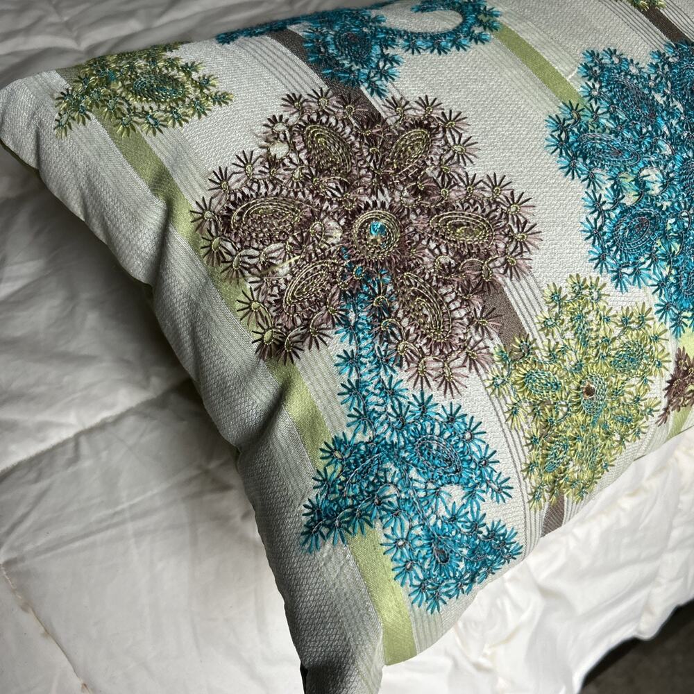Pier 1 Imports Jeweled Embroidered Accent Pillow Green/Teal/Brown 19x13 - Picture 2 of 8